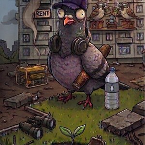 Könnte beinhalten: Eine Cartoon-Illustration einer Taube mit violetter Kappe und Kopfhörern, die eine Zigarre hält. Das Bild enthält ukrainischen Text, einen Generator, ein Fernglas, eine Wasserflasche, eine kleine Pflanze und zwei Spatzen auf einem Balkon.