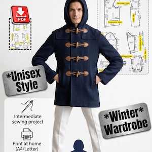Duffle Coat Sewing Pattern, PDF Jacket Pattern for men, Hooded Winter Jacket Pattern, Classic Toggle Coat, Digital Sewing Tutorial
