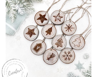 Christmas Decoration Wooden Ornament Set – Wooden Slice Christmas Ornaments, Gift Tags, Wooden Tree Decorations with Star & Christmas Tree
