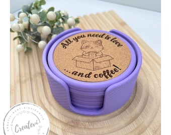 Cat Coaster Set with Holder, Funny Coffee Sayings, 3D Printed Drink Coasters Made of PLA and Cork, Gift Set