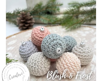 Crocheted Christmas baubles, set of 10, Blush & Frost, handmade Christmas tree ornaments, cotton, sustainable Christmas decoration, pink, grey, cream