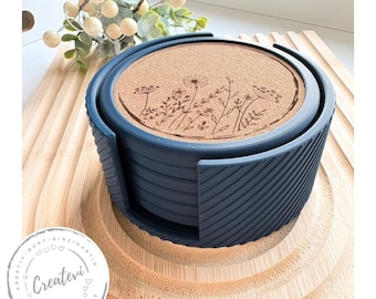 Modern coaster set with holder made of PLA & cork, 6 pieces, wildflower engraving, drink coasters, table protectors