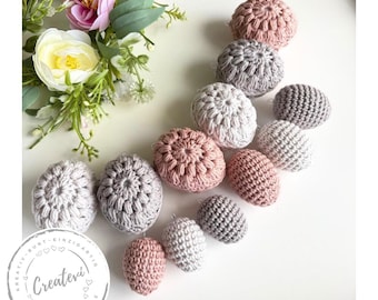 12 Crocheted Easter Eggs Boho Set – Crocheted Easter Decorations in Dusty Rose, Chalk & Grey – Spring Decorations for Easter Bouquet Table