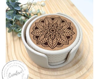 Mandala Coaster Set of 6 with Holder, Drink Coasters made of PLA and Cork, Table Protector, Modern Table Decoration