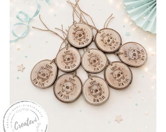 Happy New Year wooden tags with lucky pig, engraved gift tags made of natural wood, New Year's Eve, set of 9