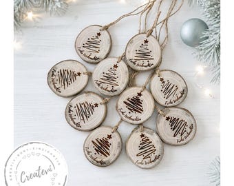 Set of 10 Wooden Christmas Ornaments | Engraved Wooden Discs with Christmas Tree & Merry Christmas | Christmas Gift Tags