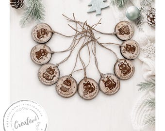 Merry Christmas Cat Wooden Ornaments, Engraved Gift Tags Made of Natural Wood, Christmas Decorations for Cat Lovers, Set of 9
