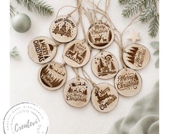 Christmas wooden ornaments | 10 natural wood slices | Merry Christmas decorations | Laser-engraved Christmas gift tags