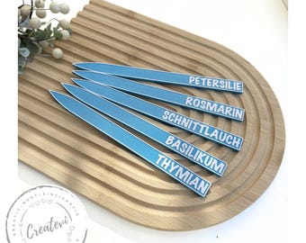 Herb markers, water blue PETG plant marker set, weatherproof for herb garden, raised bed, flower pot with white lettering, 3D print