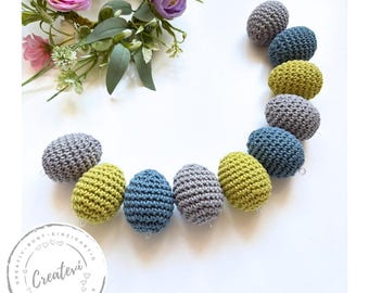 Crocheted Easter Egg Set of 10 – Crochet eggs in grey, petrol, and lime, crocheted Easter eggs made of cotton, Easter decoration for Easter bouquet and table