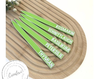 Lime green PETG garden stake set, weatherproof, for herb garden, raised bed, flower pot with white lettering, 3D print