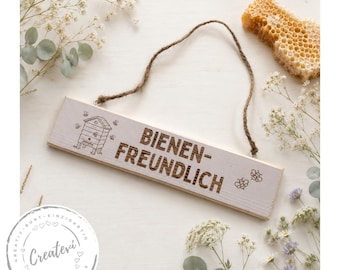 Wooden sign "Bee-friendly" with laser engraving, wooden garden sign, decorative sign for garden and flower bed