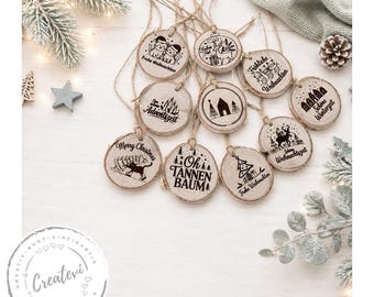 10 Wooden Christmas Ornaments, Engraved Wooden Discs with Winter Motifs, Handmade Christmas Tree Decorations, Natural Decorations, Gift Tags, Christmas