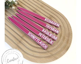 Garden stake set, magenta PETG, weatherproof, for herb garden, raised bed, pot with white lettering, 3D print