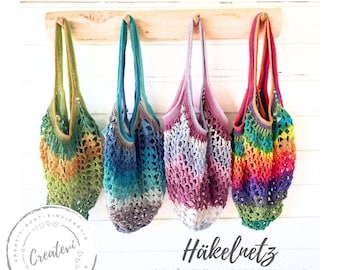 Colorful crocheted shopping net, sustainable everyday companion, crochet bag, gradient, unique mesh bag, market, beach, everyday, buy