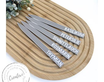 Set of grey PETG weatherproof herb markers for garden, herb bed, balcony, raised bed with white lettering