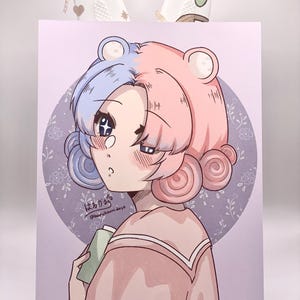 May include: A digital illustration of a cartoon character with pink and blue hair, wearing a pink and white striped shirt. The character is holding a green drink and has a pink and white background with flowers.