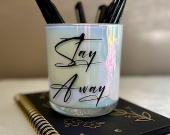 Funny Pen Holder with a Message |  Stylish 12 oz Iridescent White Glass Pen Holder | Desk Organizer | Black and White Decor | Pencil Caddy