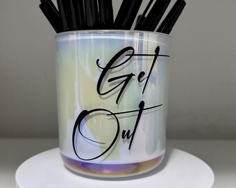 Funny Pen Holder with a Message |  Stylish 12 oz White Iridescent Glass Pen Holder  | Desk Organizer | Black and White Decor | Pencil