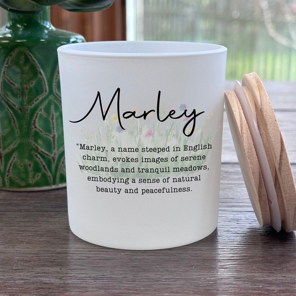 Personalized Name Candle - Name Gift- Name Meaning - Custom Gift for Her, Him, Dad, Friend-Subtle artwork behind name.