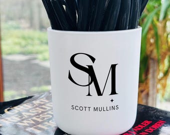 Personalized Monogram Glass Pen Holder, Custom Desk Organizer Gift, Office Desk Art for Writers Authors Birthday Boss Gift