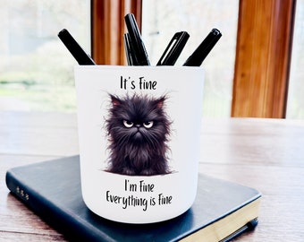 Grumpy Cat Pen and Pencil Holder | Large Sarcastic Design | It's Fine|  I'm Fine |  Everything is Fine | Design is infused into the vessel.