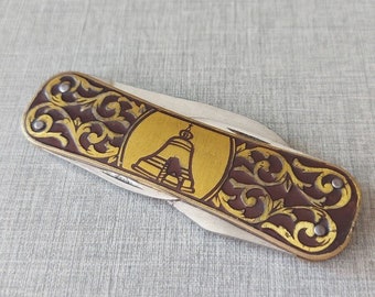 Vintage Soviet Folding Knife Kolokol 1971 Kharkov Brass Enamel Length 80 mm USSR