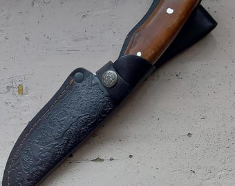 Massive Travel Hunting Knife Steel Fixed Blade Eagle in Leather Case Wood Handle
