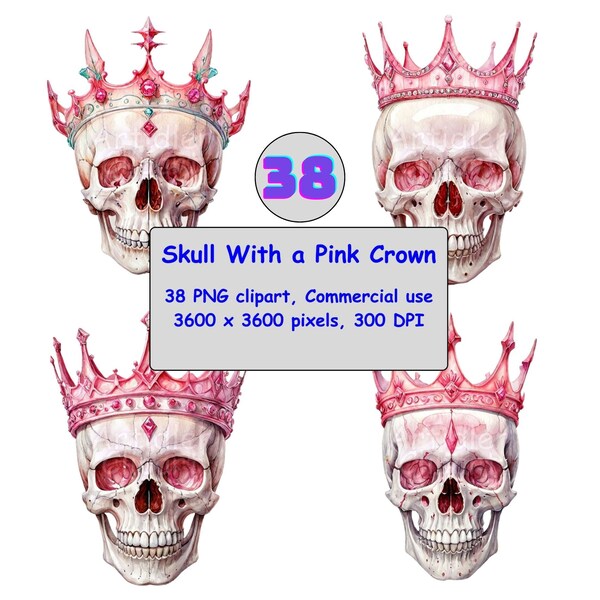 KING SKULL CLIPART - Pink Forehead Crown Skull Png, Clipart Bundle, Cute Skull Clipart, Crystalized Skull Png, Skull Png Bundle, Png File