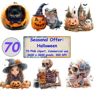 Offerta stagionale Acquerello Halloween / Pacchetto Clipart / Sfondo trasparente / File PNG per uso commerciale Fantasma Gatto nero Mostri Zucche
