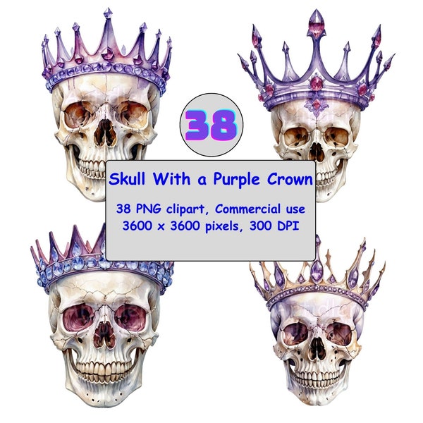 KING SKULL CLIPART - Purple Forehead Crown Skull Png, Clipart Bundle, Cute Skull Clipart, Crystalized Skull Png, Skull Png Bundle, Png File