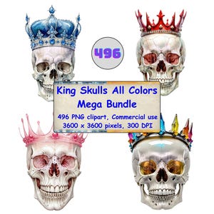 以下が含まれることがあります： さまざまな色の王冠をかぶった頭蓋骨のデジタルクリップアート画像496点セット。頭蓋骨は白で、眼窩と歯は黒です。王冠は青、赤、ピンク、虹色です。