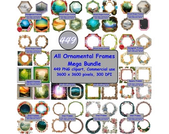 Mega Bundle All Frames Clipart Digital Illustration Images Painting Art - 449 PNG images Frames -  Frame Bundle - Clipart Frames