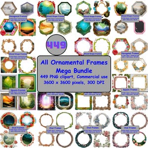 Mega Bundle All Frames Clipart Imagens de ilustração digital Pintura Arte - 449 imagens PNG Molduras - Pacote de molduras - Molduras de clipart