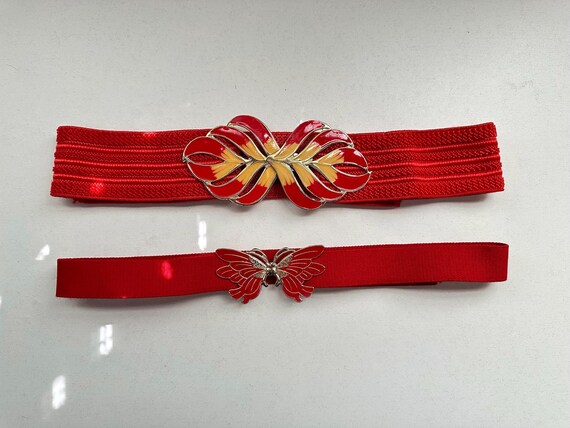Vintage 1980's Red Butterfly Clasp Belt, Enamel Flame Flower