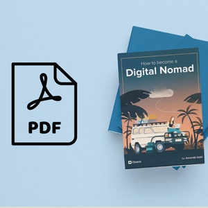 May include: A blue and white book titled "How to become a Digital Nomad" by Amanda Gaid. The book cover features an illustration of a person working on a laptop in a van with palm trees in the background.