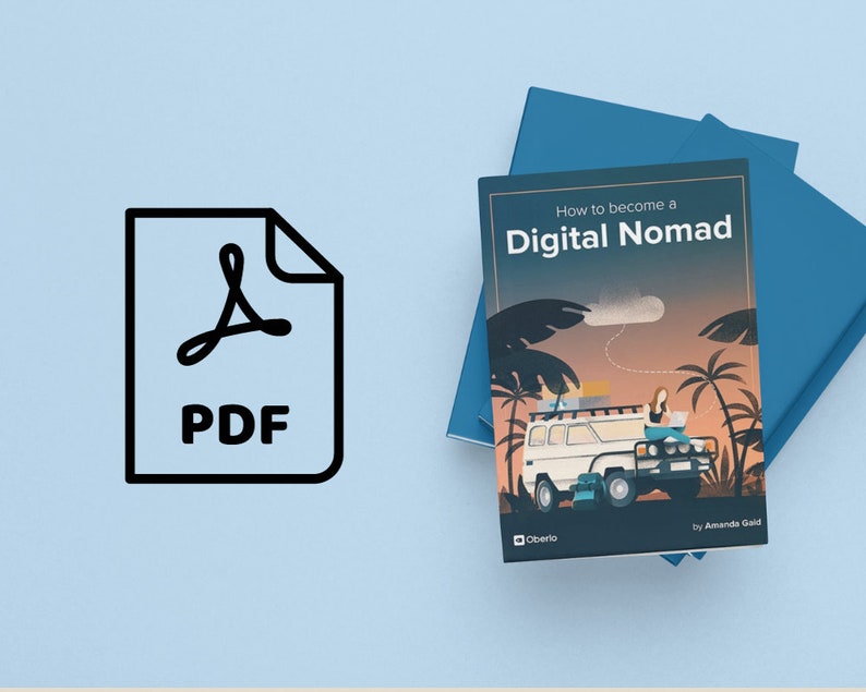 May include: A blue and white book titled "How to become a Digital Nomad" by Amanda Gaid. The book cover features an illustration of a person working on a laptop in a van with palm trees in the background.