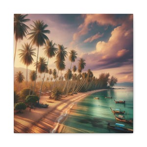 Tropical Beach Wall Art | Palm Trees and Sunset Canvas Print | Relaxing Coastal Scene Decor | Large Seaside Landscape Art | Beach View Decor