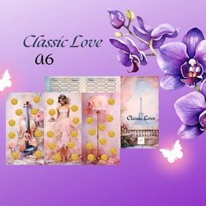 Könnte beinhalten: Ein lila Hintergrund mit dem Text "Classic Love a6" und Illustrationen einer Geige, einer Frau in einem Kleid und dem Eiffelturm. Lila Orchideen und weiße Schmetterlinge sind ebenfalls abgebildet.