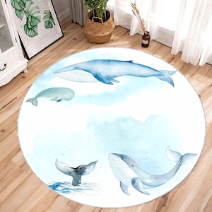 Cute Whale Rug, Sea World Nursery Rug, Whale Playmat for Kids Room, Marine Toddler Round Carpet, Non Slip Activity Rug, Creatures Playroom