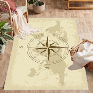 Mapa náutico, brújula y mapa del mundo, alfombra con rosa de los vientos, alfombra antideslizante de aspecto real, alfombra de área