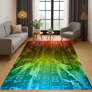 Könnte beinhalten: Ein rechteckiger Teppich mit einem Design einer digitalen Leiterplatte. Der Teppich verläuft von Blau über Grün zu Gelb und Rot. Weißer Binärcode säumt die Ränder und die Mitte.