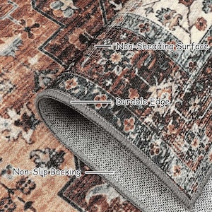 May include: Close-up of a rug with a brown and blue patterned design. The rug has a non-shedding surface, a durable edge, and a non-slip backing.