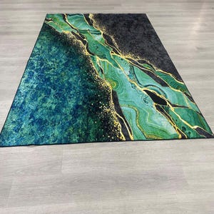Alfombra verde esmeralda, alfombra de mármol, alfombra de mármol dorado, alfombra de área, alfombra abstracta, alfombra de piso, alfombra decorativa para el hogar, alfombra decorativa, alfombra de piso para interiores imagen 3