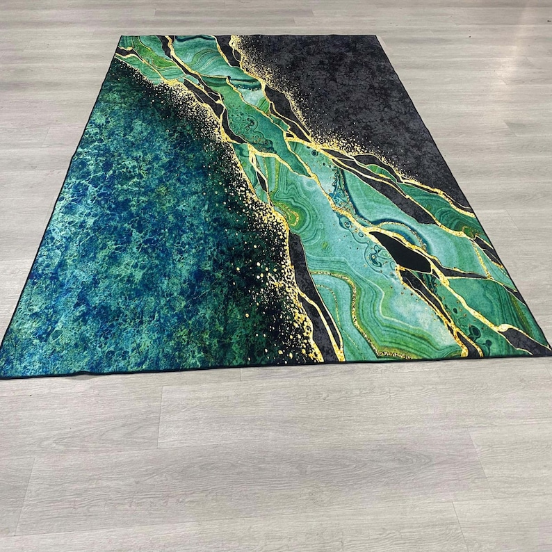 Alfombra verde esmeralda, alfombra de mármol, alfombra de mármol dorado, alfombra de área, alfombra abstracta, alfombra de piso, alfombra decorativa para el hogar, alfombra decorativa, alfombra de piso para interiores imagen 3