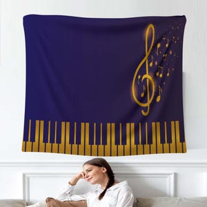Music Note Tapestry,Piano Keys Wall Art,Golden Treble Clef Decor,Musician Gift Tapestry,Music Lover Wall Hanging,Classical Music Room Decor