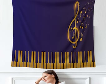 Music Note Tapestry,Piano Keys Wall Art,Golden Treble Clef Decor,Musician Gift Tapestry,Music Lover Wall Hanging,Classical Music Room Decor