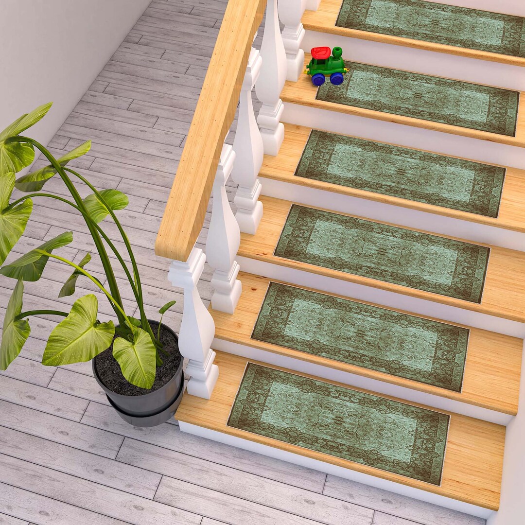 Dark Green Stair Treads Rug, Nonslip Carpet, Machine Washable Rug