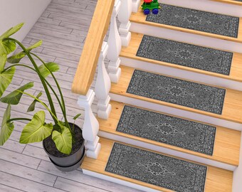 Black and White Boho Style Stair Rug, Cool Stair Tread Carpet, Scandinavian Stair Mat, Nonslip Backing Modern Step Rug, Aesthetic Step Mat