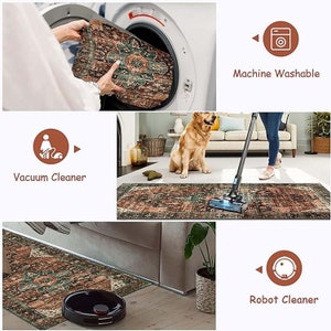 May include: A patterned rug in shades of brown, green, and cream. The rug is shown in three different settings, including a living room, a bedroom, and a laundry room. The rug is machine washable and can be cleaned with a vacuum cleaner or a robot vacuum.